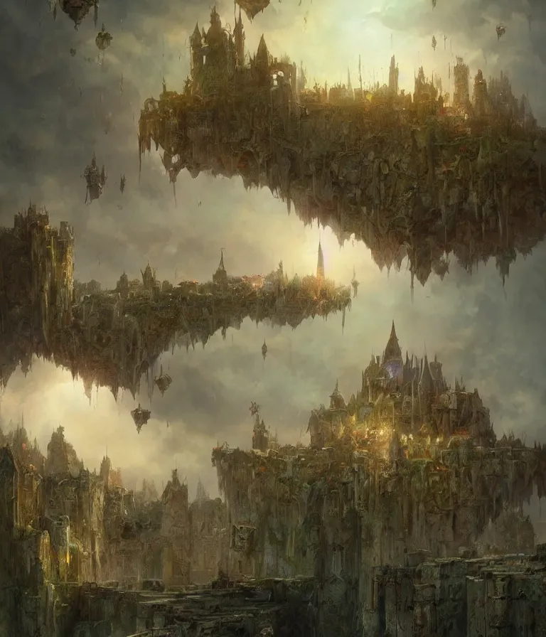 Image similar to a painting of a city castle floating in the air, flying island, levitating citadel, a matte painting by marc simonetti, deviantart, fantasy art, lush world above an apocalypse landscape, matte painting, apocalypse utopia art