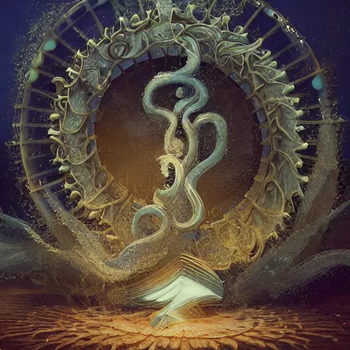 Prompt: decorative ornamental shrine of holy god of the sea, acanthus scroll, ceremonial clouds, dripping paint, fibonacci rhythm, kelp, barnacle, artstation, art germ, wlop, karol bak, christopher balaskas