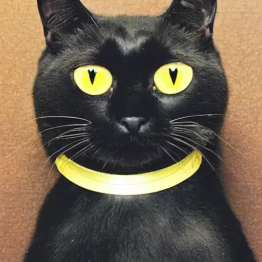 Prompt: a black cat with yellow eyes wearing a suit of armor