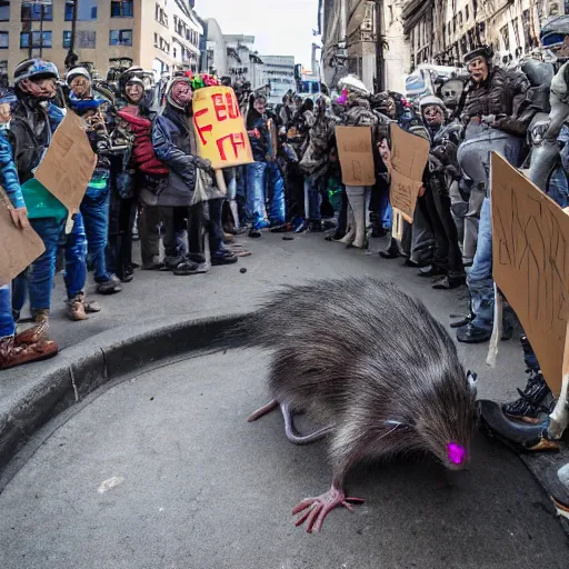 Image similar to 8 k uhd pictures as bunch of sewer rats make a protest, higly photorealistic details, highly details form, highly details content