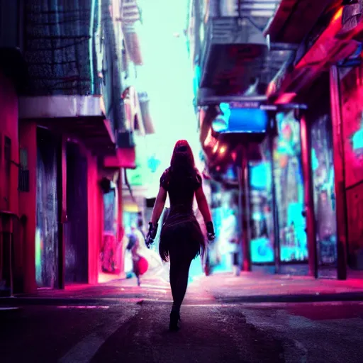 Prompt: a beautiful picture of a girl walking in a cyberpunk street by aurahack, low angle shot, cinematic, colorful, trending on artstation