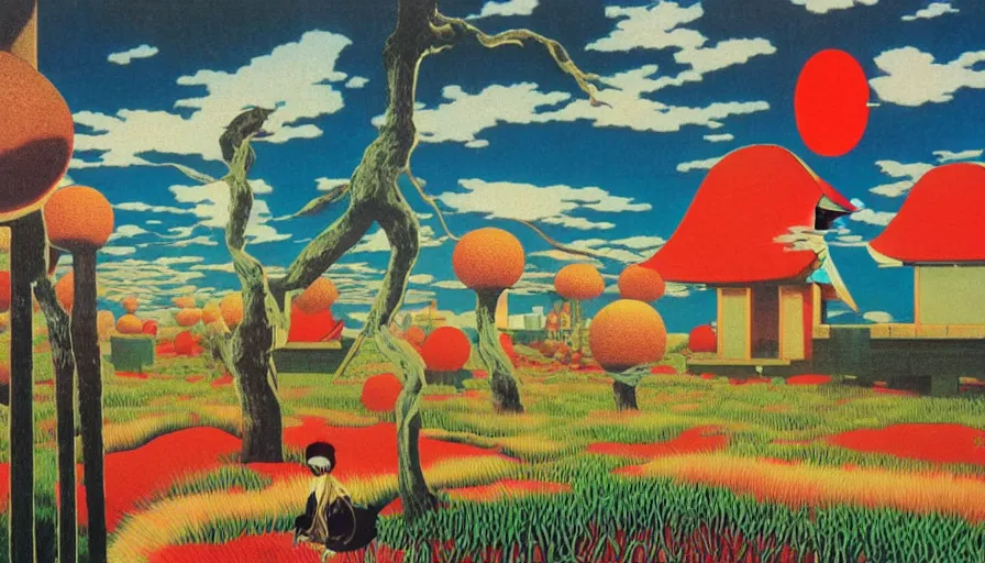 Image similar to Japan rural splendor travel and tourism c2050, surrealist psychedelic collage painting in the style of Magritte, Roger Dean, Yoshio Awazu, vivid color