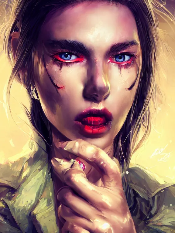 Image similar to digital illustration of a girl with eyes that burn like cigarettes wearing a short skirt and a long jacket with fingernails that shine like justice, dramatic lighting, photorealistic, full body shot, full body portrait, extreme detail, 4 k, colorful, artgerm and craig mullins, detailed face, m f / 2. 8