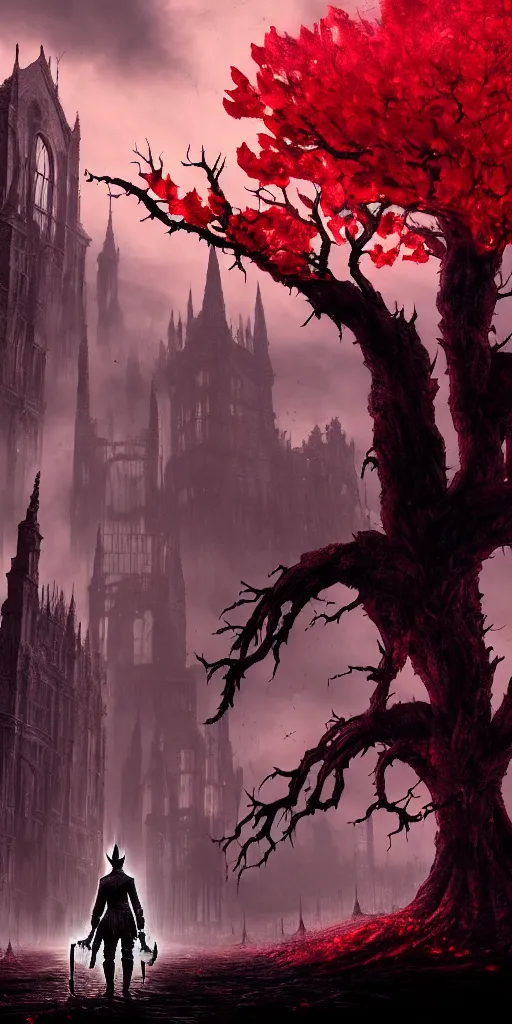 Prompt: abandoned bloodborne old valley with a obscure person at the centre and a ruined gothic city in the background, trees and stars in the background, falling red petals, epic red - orange moonlight, perfect lightning, wallpaper illustration by niko delort and kentaro miura, 8 k, ultra realistic