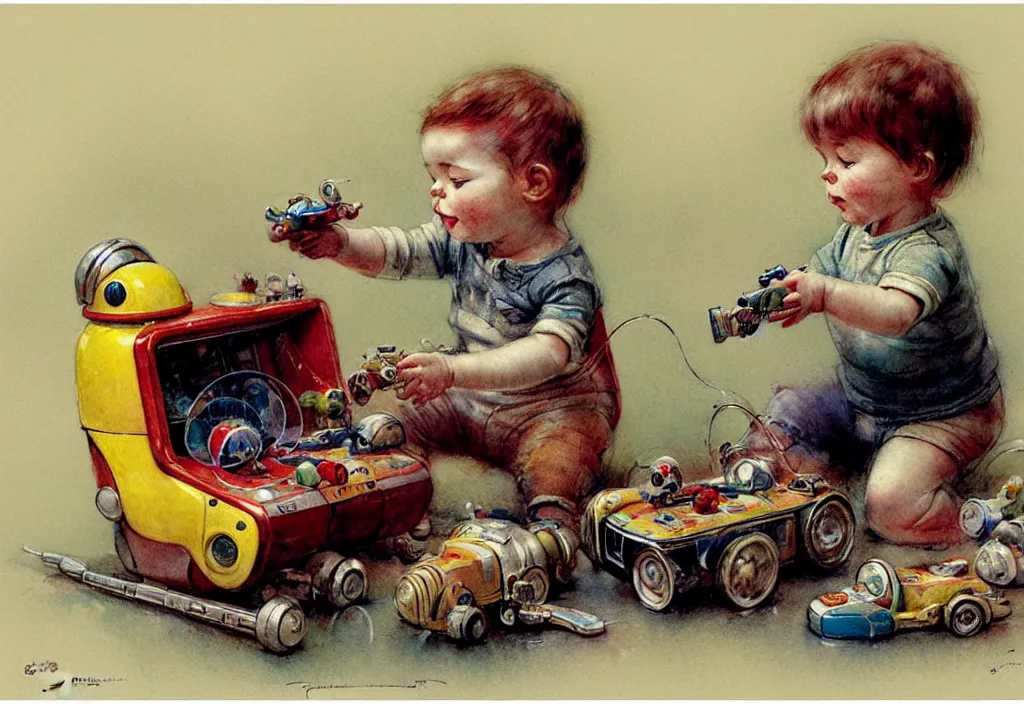 Prompt: toddler ( ( ( ( ( 1 9 5 0 retro future living room. muted colors. toys laying around ) ) ) ) ) by jean baptiste monge, chrome red