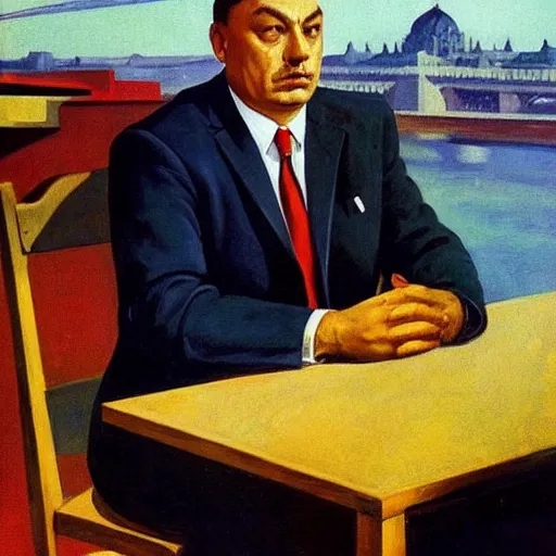 Prompt: leader of fascist hungary, viktor orban, overseeing the war torn city from the banks of the danube river in budapest during the siege 1 9 4 5, by edward hopper