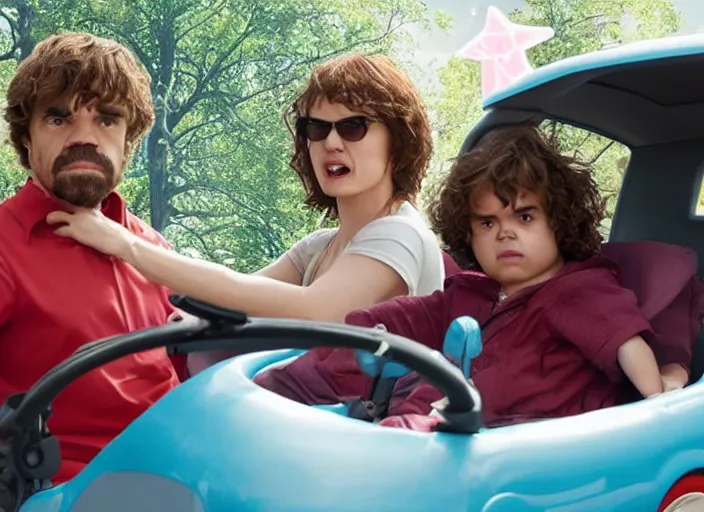 Image similar to peter dinklage and alexandra daddario driving a little tikes cozy coupe, movie still, from the new fast and furious tokyo drift movie, 8 k, realistic