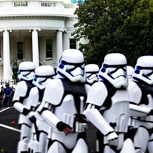 Image similar to a still candid image of hundreds of stormtropers rioting in front of a the white house in washington.!!!, flaming torches and pitchforks