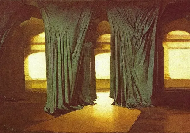 Prompt: a detailed oil painting of a dark arabian large ball room, pillar, ominous,, curtains, by caravaggio, by nicholas roerich, by gustave moreau, by frank frazetta, by hans emmenegger, by bruce pennington, by eyvind earle, moisture, grainy, highly detailed, realistic, outline, line,