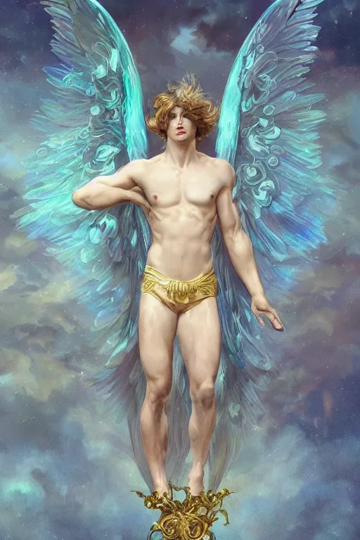 Prompt: fullbody portrait of a beautiful young fit male angel with curly blond hairs, fluent clothes around the legs, majestic symmetrical big eagle wings, luminous halo, by greg rutkowski and alphonse mucha, gradient white to gold, in front of an iridescent background, highly detailed portrait, digital painting, artstation, concept art, smooth, sharp focus illustration