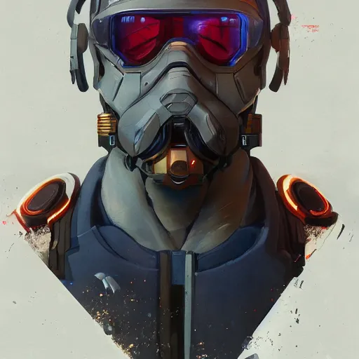 Image similar to science-fiction character portrait of Soldier 76 from Overwatch, wearing cybernetic visor, dystopian mood, intricate, wild, highly detailed, digital painting, artstation, upper body, concept art, smooth, sharp focus, illustration, art by artgerm and greg rutkowski and alphonse mucha