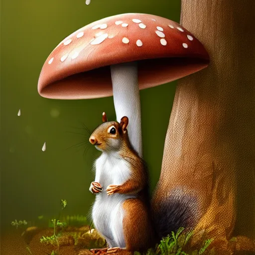 Image similar to a squirrel hiding from the rain under a mushroom, very detailed, artstationhq, trending on artstation, oil painting by alexander roslin, emotional, cute, 4k