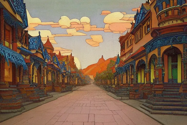 Image similar to tree-lined street in a very old very beautiful city by Thomas Seddon and Nicholas Roerich, ornate wrought iron, strong dramatic cinematic lighting , colorful tiled architecture, lost civilizations, smooth, sharp focus, extremely detailed