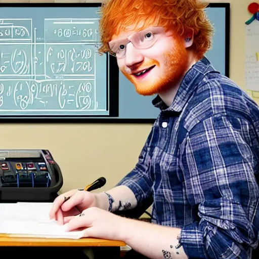 Prompt: ed sheeran doing math on a calculator in a maths classroom, ultrarealistic