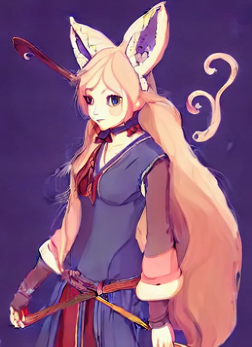 Prompt: a gorgeous female bard, d & d, fantasy art, fox ears, by studio ghibli, anime key art