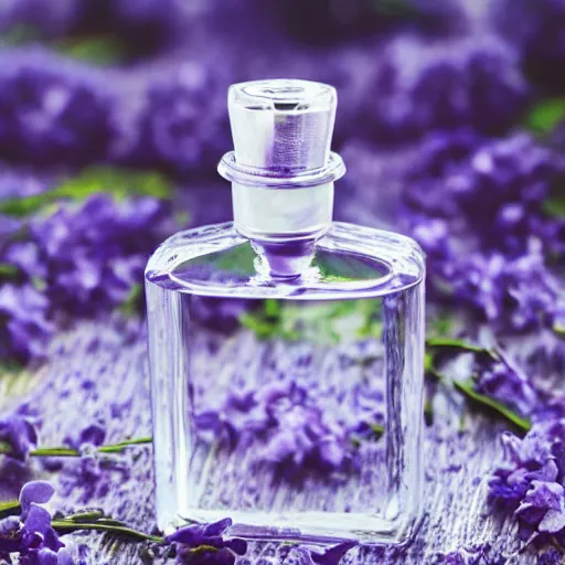 Image similar to perfume bottle surrounded by artistic, luscious blurred blue and lilac flowers, white background, simple path traced, environment, up close shot