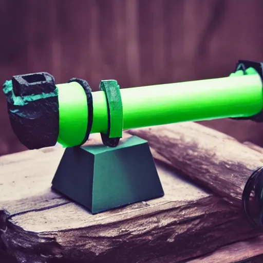 Prompt: a working rocket launcher that was 3 d printed using black and green filament. 8 5 mm lens, f 1. 8.