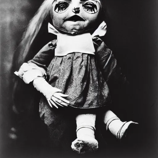 Image similar to ventriloquist doll smiling, ventriloquist dummy, photo, surrealistic, creepy, dark, epic, cinematic, style of atget, detailed