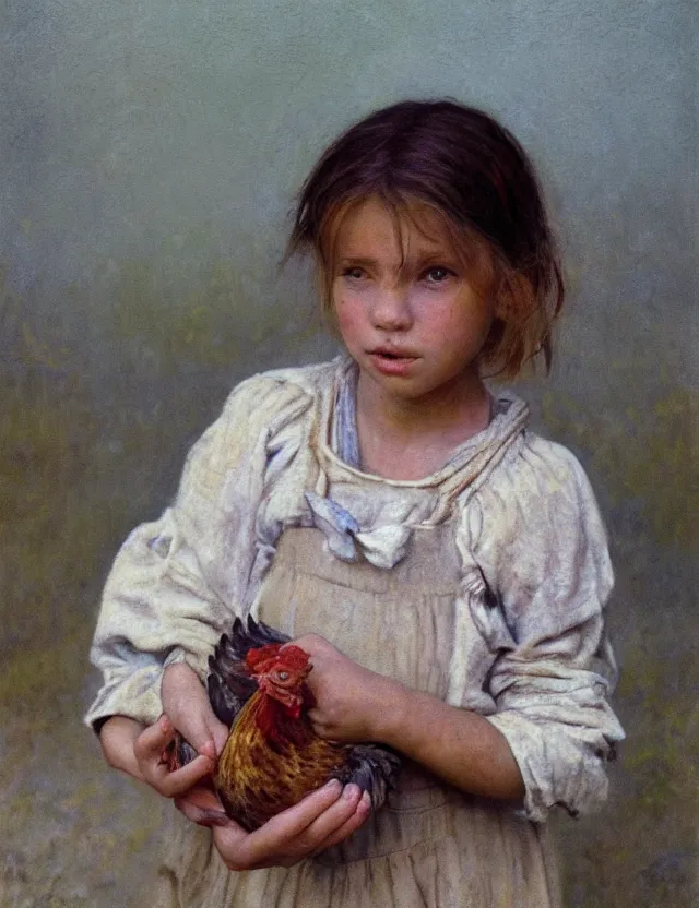 Image similar to portrait of little peasant girl holding a chicken, cottage core, cinematic focus, polaroid photo bleached vintage pastel colors high - key lighting, soft lights, foggy, by steve hanks, by lisa yuskavage, by serov valentin, by tarkovsky, 8 detailed, oil on canvas