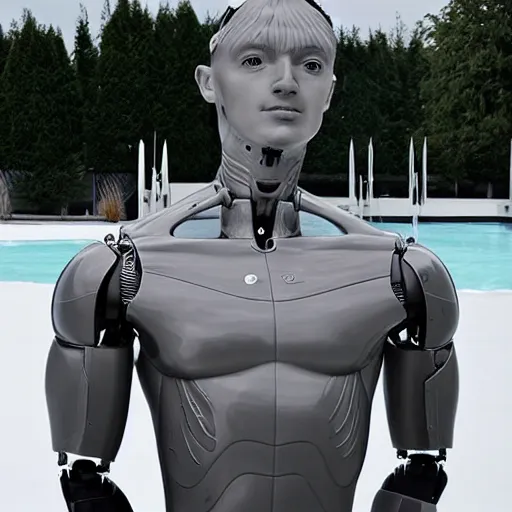 Image similar to made of ice, a realistic detailed photo of a guy who is an attractive humanoid who is half robot and half humanoid, who is a male android, on display, blank stare, showing off his muscles, shiny skin, posing like a statue, by the pool, frozen ice statue, f 1 driver pierre gasly, humanoid robot