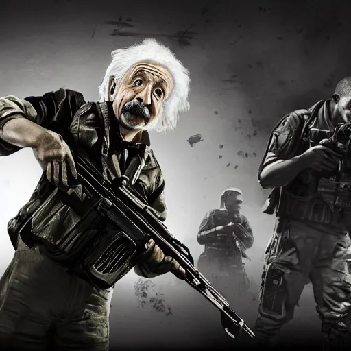 Prompt: Albert Einstein in Call of Duty Black Ops, highly detailed, high quality, HD, 4k, 8k, Canon 300mm, professional photographer, 40mp, lifelike, top-rated, award winning, realistic, sharp, no blur, edited, corrected, trending