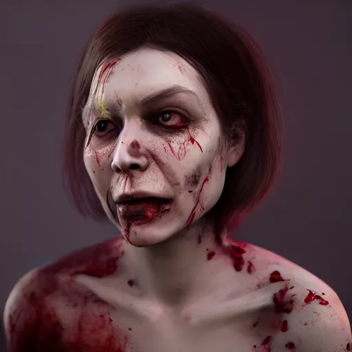 Prompt: Portrait of a Zombie woman, concept art, ultra realism, photo realistic, cgsociety, octane render, artstationHD, artstationHQ, unreal engine, 4k, 8k