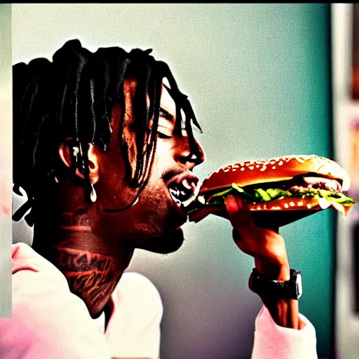 Image similar to a realistic photo of playboi carti eating a travis scott burger, film grain, vintage photo, high contrast