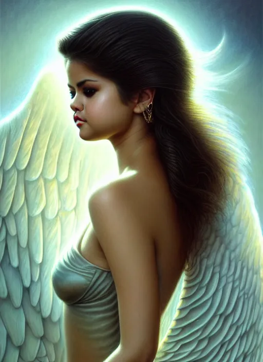 Image similar to selena gomez as an angel, aesthetic, fine art, intricate, elegant, highly detailed, realistic hair, centered, digital painting, art station, conceptual art, soft, sharp focus, illustration, artwork, artgerm, tomasz alen kopera, peter mohrbacher, donato giancola, wlop, boris vallejo