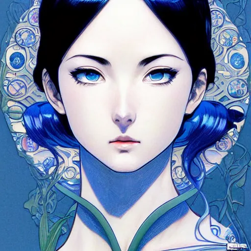 Image similar to intricately detailed vfx portrait of nico robin by eiichiro oda!, makoto shinkai, alphonse mucha, art by artgerm and greg rutkowski!, blue eyes!!, large aquiline nose!!, best of behance, concept art, matte, sharp focus, adolphe bouguereau, annie leibovitz, stanley kubrick,