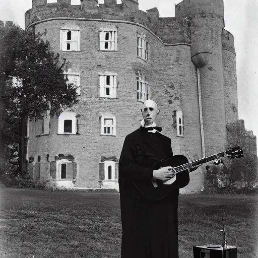 Image similar to vintage photograph of count orlok outside his castle, playing the blues on guitar, castle in the background, 4 k