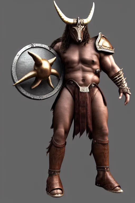 Prompt: Giant horned minotaur warrior wielding a sword and shield, leather armor, full body, muscular, dungeons and dragons, high quality, realistic, 3D render