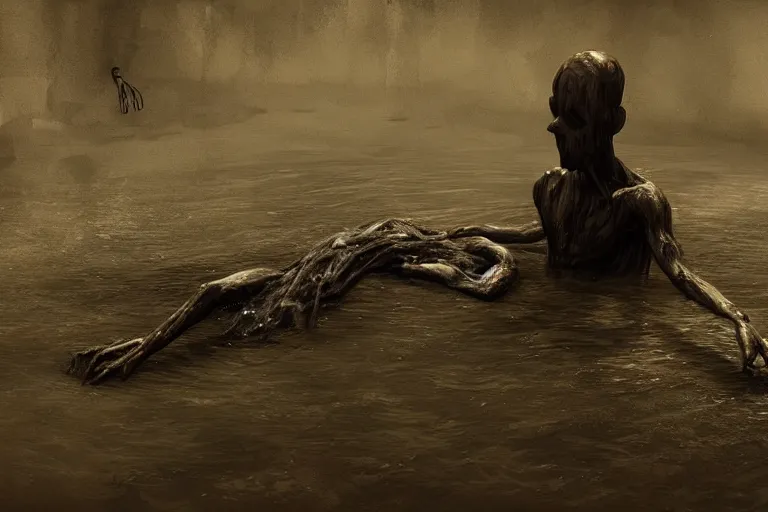 Image similar to a creepy drowned man crawling out of the water, strings of black goo hanging from his arms, very long arms, extremely long fingers, standing in shallow water, drowned, unsettling, creepy, artstation, cgsociety