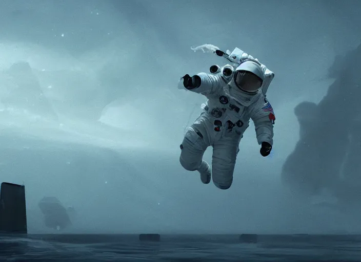 Image similar to astronaut holding a flag in an underwater desert. a submarine is visible in the distance. dark, concept art, cinematic, dramatic, atmospheric, 8 k, trending on artstation, blue, fish, low visibility, fog, ocean floor, christopher nolan, interstellar