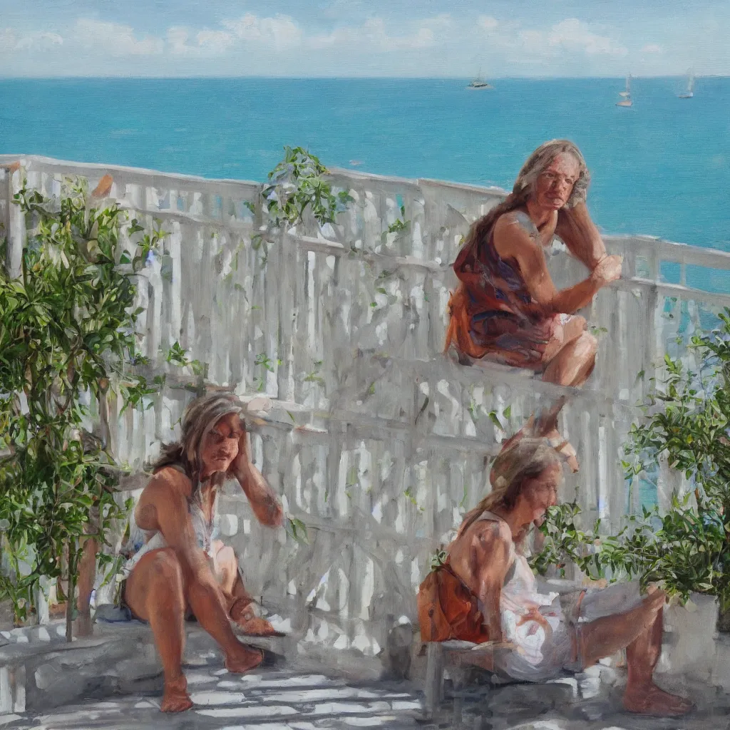 Image similar to a beautiful woman with freckles sitting on the porch of a one-story house in the caribbean watching the sea, realistic, oil on canvas