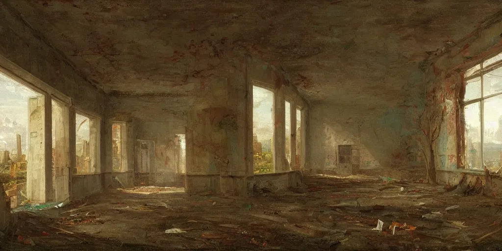 Image similar to an abandoned supermarket painted by thomas cole