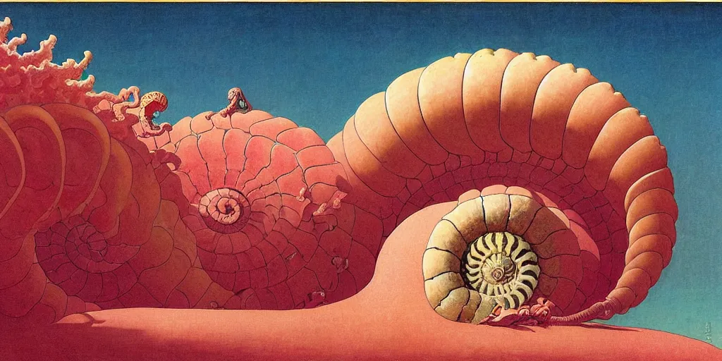 Image similar to portrait of the ammonite sorceress clad in coral armor exacts revenge, by kawase hasui, dorothea tanning, moebius, edward hopper and james gilleard, aivazovsky, zdzislaw beksinski, steven outram colorful flat surreal design