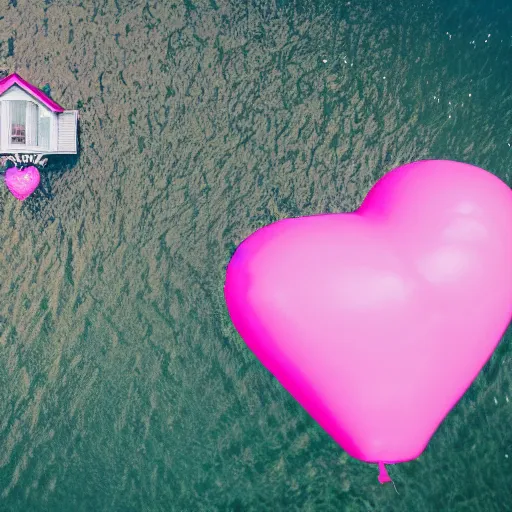 Image similar to a 5 0 mm lens photograph of a cute pink floating modern house, floating in the air between clouds, inspired by the movie up, held up from above by a heart - shaped ballon. mist, playful composition canon, nikon, award winning, photo of the year