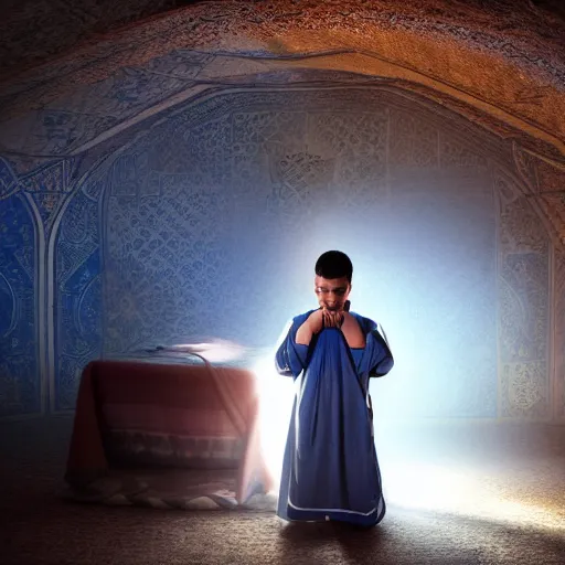 Image similar to 12 year old middle eastern skinned boy with short hair and Biblical clothing sleeping. Interior of ancient tent. Nightime. Light rays shine onto his body. Miraculous. Spiritual. dramatic angle, 8k hdr pixiv dslr photo by Makoto Shinkai and Wojtek Fus