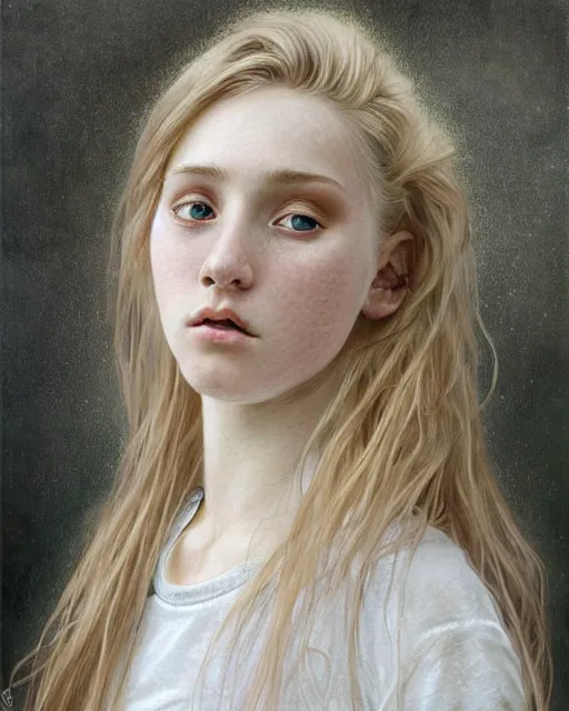 Image similar to portrait of 1 6 - year - old woman with dirty blonde hair down to her waist, pale eyebrows and protuberant silver eyes, wearing white shirt, hyper realistic face, beautiful eyes, close up, fantasy art, in the style of greg rutkowski, intricate, alphonse mucha, hyper detailed, smooth