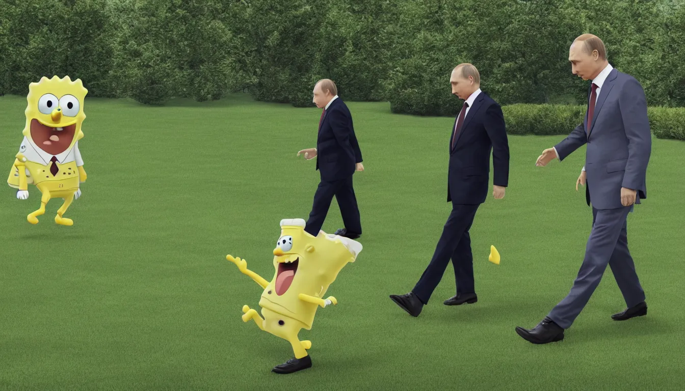 Prompt: putin walks with spongebob on the lawn, masterpiece. rendered in blender, ultra realistic, smooth shading, ultra detailed, high resolution, 8 k, cinematic, unreal 6