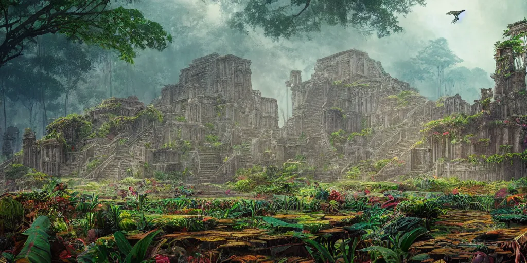 Image similar to fantasy painting of aztec ruins in a vast jungle, intricate abstract. delicate artwork. by tooth wu, wlop, beeple, dan mumford. octane render, trending on artstation, greg rutkowski very coherent symmetrical artwork. cinematic, hyper realism, high detail, octane render, 8 k, depth of field, bokeh. chrome accents.