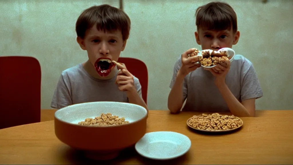 Image similar to a kid eats cereal from a bowl at a table, film still from the movie directed by Wes Anderson with art direction by Zdzisław Beksiński, wide lens