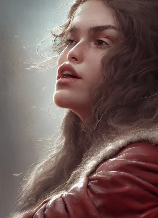 Image similar to vertical portrait of a ruggedly handsome female cleric, soft hair, close - up face, leather, witchy, d & d, fantasy, intricate, elegant, highly detailed, digital painting, artstation, concept art, smooth, sharp focus, illustration, art by artgerm and greg rutkowski and alphonse mucha, plain red background