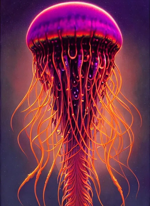 Prompt: cinematic bust portrait of psychedelic jellyfish, head and chest only, exotic alien features, Tim Hildebrandt, Wayne Barlowe, Bruce Pennington, donato giancola, larry elmore, oil on canvas, masterpiece, trending on artstation, featured on pixiv, cinematic composition, dramatic pose, beautiful lighting, sharp, details, hyper-detailed, HD, HDR, 4K, 8K