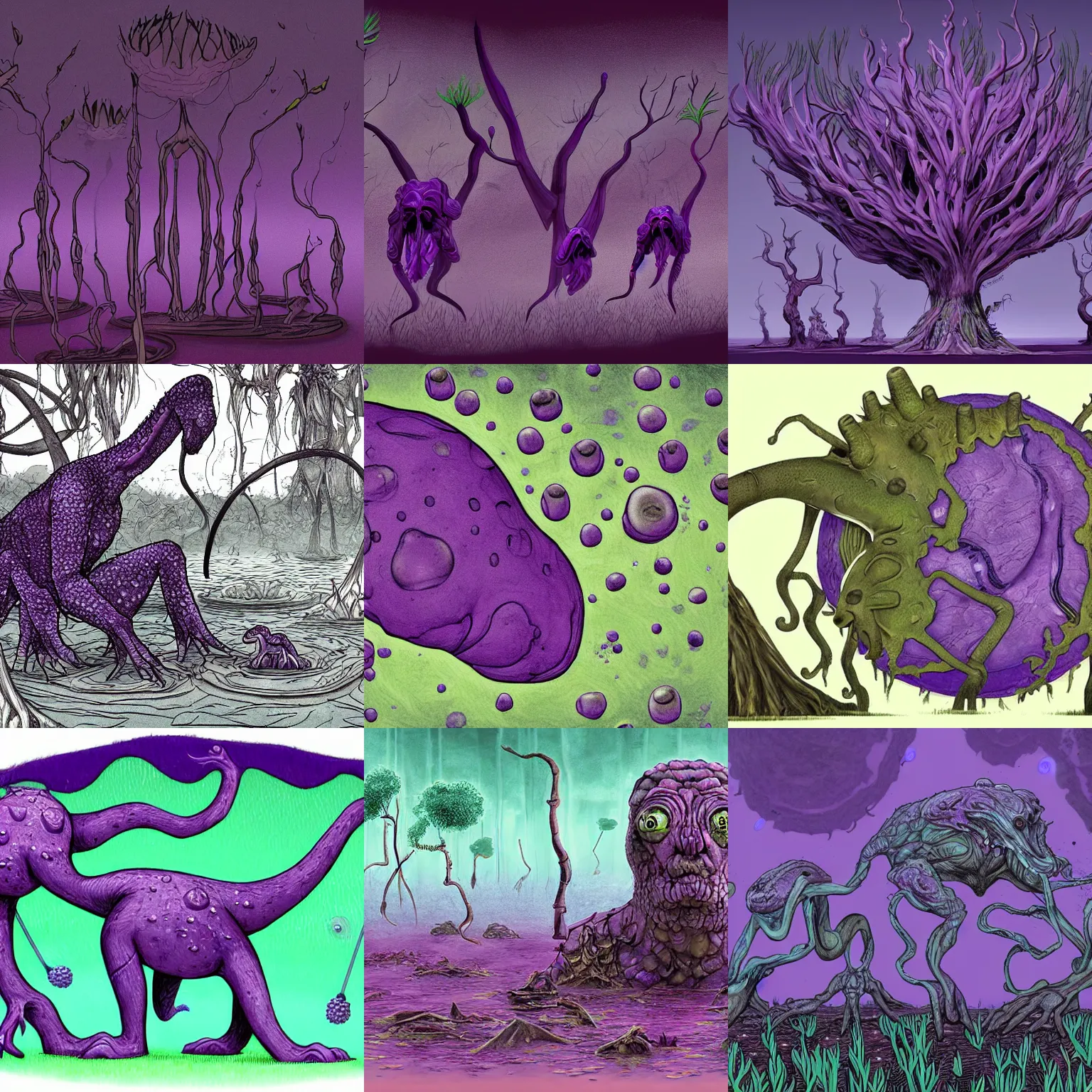 Prompt: creature adapted to swamps made of fertile purple mud and bulbous trees, speculative evolution exobiology astrobiology, sci - fi illustration