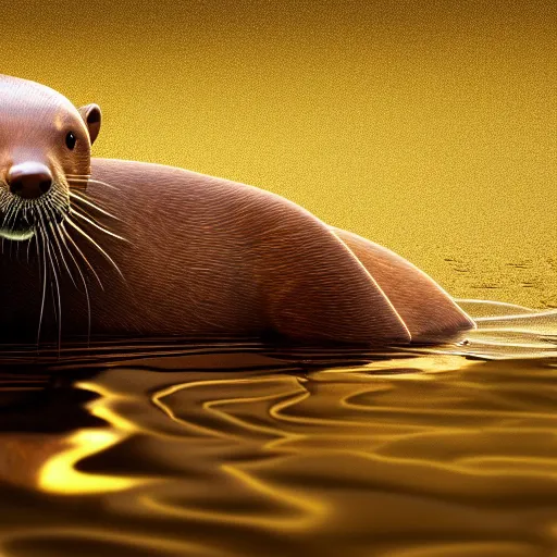 Image similar to a river otter with gold, expression, photo realistic, dramatic cinematic lighting, octane render, 4k, ultra detailed