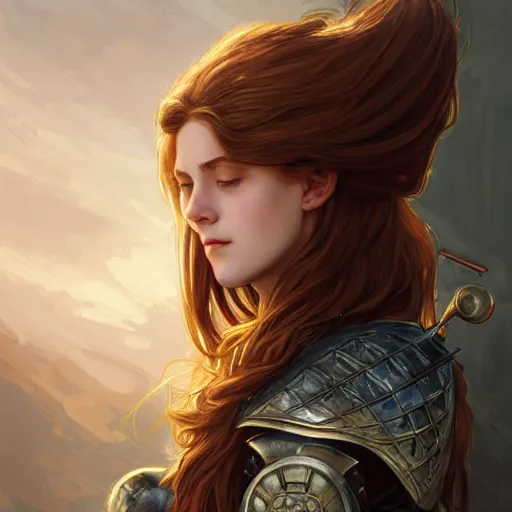 Image similar to Portrait of young girl knight shining armor longsword shieldmaiden, long auburn hair, brown eyes, intricate, elegant, highly detailed, digital painting, artstation, concept art, smooth, sharp focus, illustration, art by artgerm and greg rutkowski and alphonse mucha and andrei riabovitchev