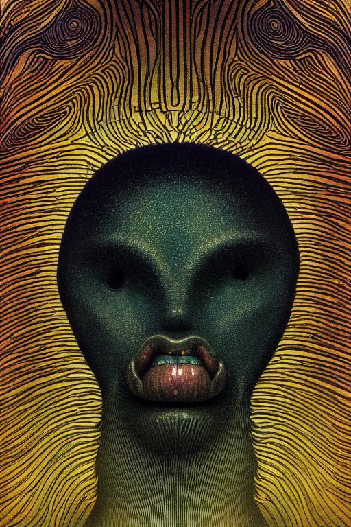 Prompt: art deco close up portait of mushroom head with big mouth surrounded by spheres, rain like a dream digital render curvalinear clothing cinematic dramatic fluid lines otherworldly vaporwave interesting details epic composition by artgerm moebius francis bacon gustav klimt