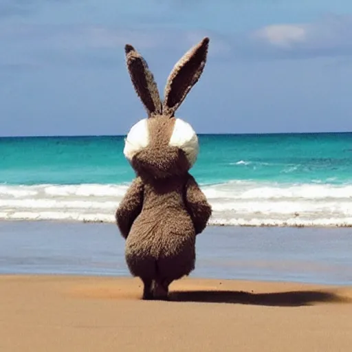 Image similar to a very very very giant bunny walking its tiny tiny owner on the beach. hyperreal.