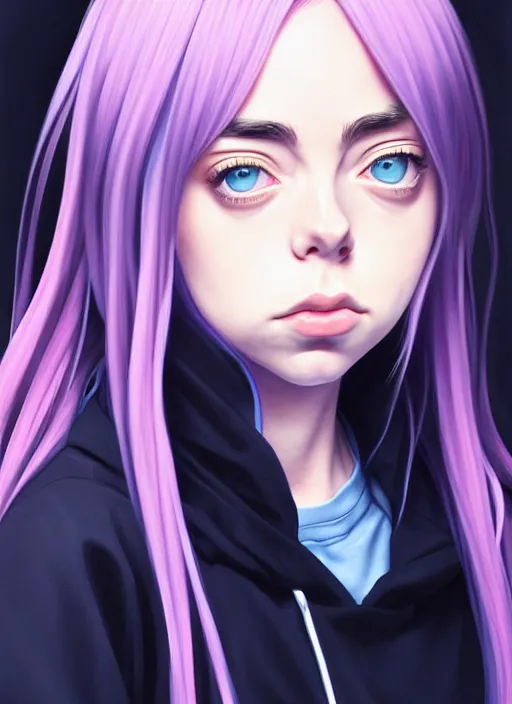 Image similar to a potrait of billie eilish as an anime, fine, realistic, shaded, lighting, ilya, kuvshinov, katsuhiro, artgerm, jeremy, lipkin, michael, garmash, unreal, engine, 5, radiant, light, detailed, intricate, environment